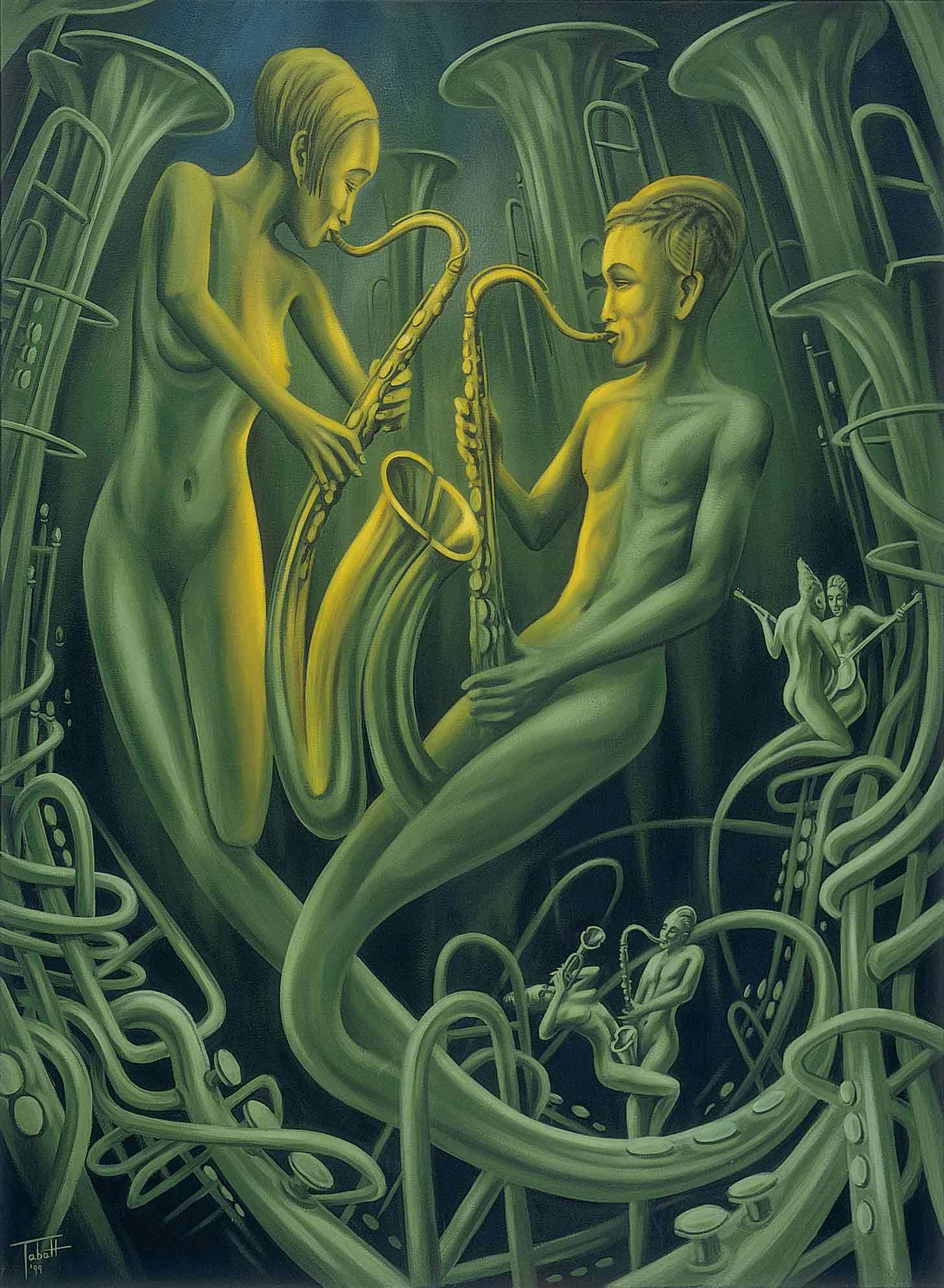 African Soul : Saxophonia , Saxophonistin und Saxophonist unter Wasser, Unterwasserlandschaft aus Trompeten , Uwe Tabatt