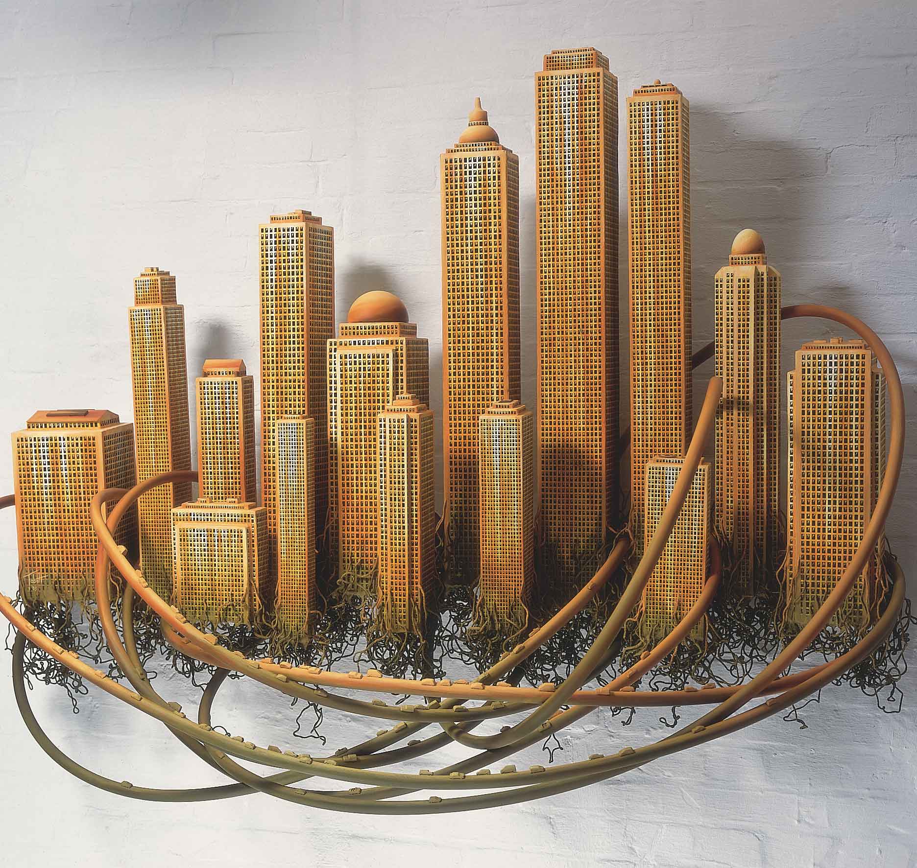 Urbanismen : Skyline , Skyline mit Wurzeln und Adern der Stadt mit Autos , New York , Singapur, Uwe Tabatt
