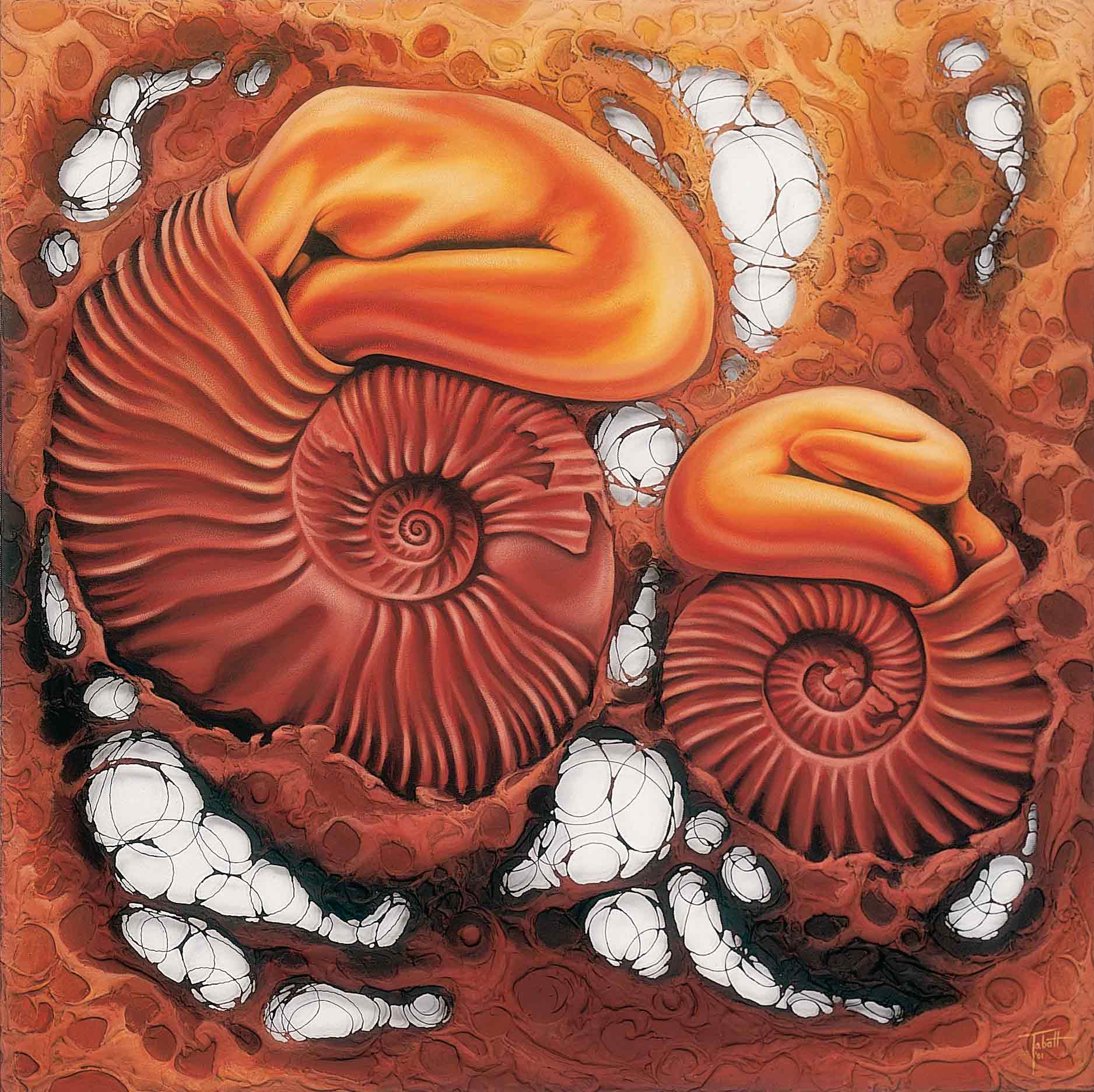 Zwischenwelten : Ammoniten , Akt, Körper Mann und Frau wachsen aus Schneckengehäuse , Uwe Tabatt